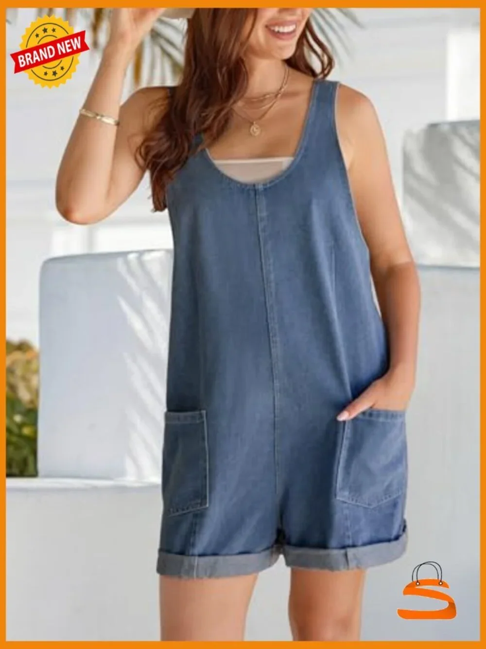 Sleeveless Denim Overalls Romper with Pockets Rolled Cuff Casual Summer